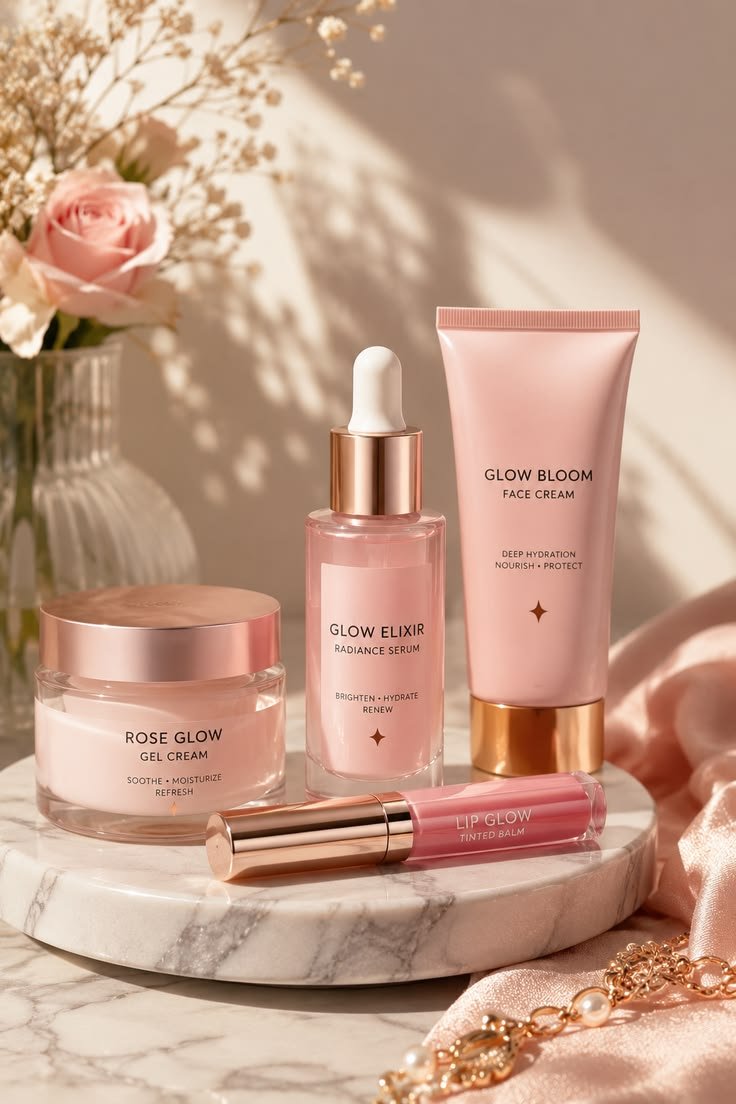 Aura serum, moisturizer and sunscreen arranged on a soft peach backdrop
